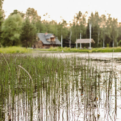 Skats uz brīvdienu māju no dīķa puses